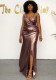 Long Strap Evening Dress Feminine Low Back Long Shiny Slit Dress