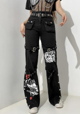 Women Casual Pocket Slit Print Denim Pant