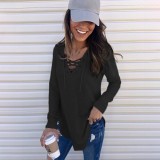 Women Solid V-Neck Lace-Up Oversized T-Shirt