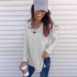 Women Solid V-Neck Lace-Up Oversized T-Shirt