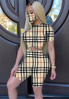 Summer Plaid Two Piece Shorts Set with Face Cover
