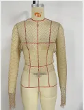 Women Mesh Diamond Round Neck Long Sleeve Top