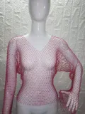 Women Mesh Diamond Round Neck Long Sleeve Top