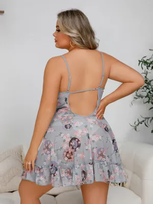 Plus Size Ladies Printed Mesh Slip Dress Sexy Lingerie