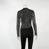 Women Mesh Diamond Round Neck Long Sleeve Top