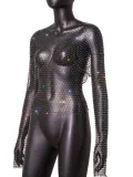Women Mesh Diamond Round Neck Long Sleeve Top