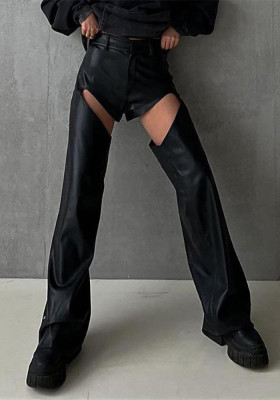 Spring and summer hollow out sexy pu Leather pants Slim Fit trousers High waist fashion wide leg loose pants