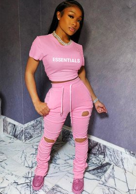 Women's Casual Letter Print Ripped Pants Two-Piece Set