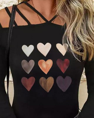 Womens Black Heart Print Cutout Top