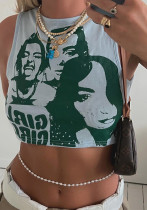Summer Ladies Fashion Round Neck Slim Print Cropped Crop Tank Top