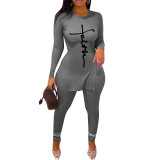 Women'S Ribbed Letter Print Long Sleeve Two-Piece Pants Set