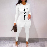 Women'S Ribbed Letter Print Long Sleeve Two-Piece Pants Set