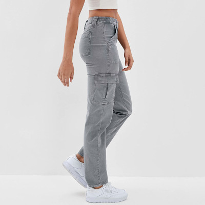 Women Washed Button Down Casual Straight Leg Pants
