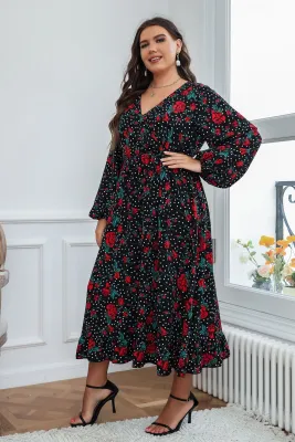 Plus Size Women Black Chiffon Print Dress
