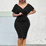 Plus Size Women V Neck Bodycon Stretch Africa Dress with Belt