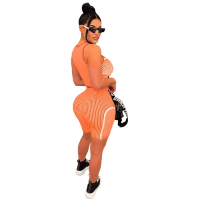 Women Casual Stripe Print Shorts Two-Piece Set
