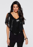Women Sequin V-Neck Patchwork Sexy Cape Sleeve Top