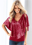 Women Sequin V-Neck Patchwork Sexy Cape Sleeve Top