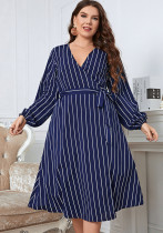 Career Stripe Loose V-Neck Plus Size Belted Women's Dress