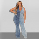 Plus Size Women's Fall Color Block Wash Sexy Denim Jumpsuit