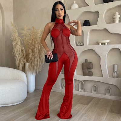 Women's Sexy mesh Patchwork Halter Neck Women's Jumpsuit