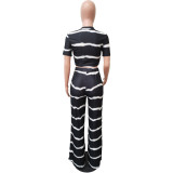 Ladies Spring Summer Stripe Print Ribbed Crop Wide Leg Suit