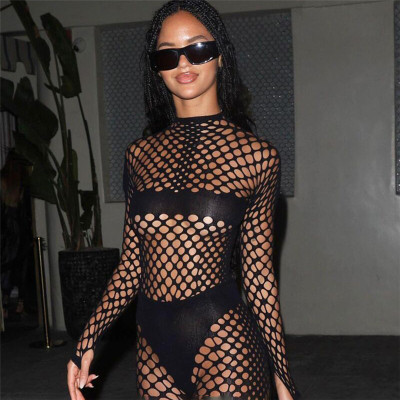 Spring Women's Sexy Fishnet See-Through Hollow High Waist Tight Fitting Pants Set、