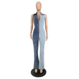 Plus Size Women's Fall Color Block Wash Sexy Denim Jumpsuit