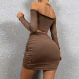 Women'S Sexy Low Cut Off Shoulder Long Sleeve Two-Piece Skirt Set