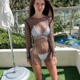 Spring Summer Women'S Fashionable And Sexy See-Through Bead Mesh Long-Sleeved Beach Dress
