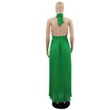 Sexy Halter Low Back Straps Solid Color Chiffon Pleated Dress