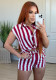 Ladies Spring Autumn Fashionable Casual Stripe Print Shirt Shorts Two Piece Set