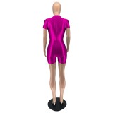 Women'S Clothing Summer Fashion Solid Short Sleeve Zipper Jumpsuit