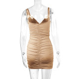 Summer Sexy V Neck Straps Ladies Ruched Bodycon Dress