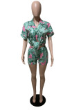 Women'S Spring Summer Fashion Lace-Up Print Two-Piece Shirt And Shorts Set