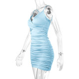 Summer Sexy V Neck Straps Ladies Ruched Bodycon Dress