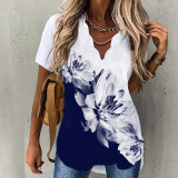 Summer Ladies Chic Wavy Neck Print Short Sleeve Women Shirt
