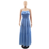 Summer Casual Straps Ruffled Low Back Lace-Up Bow Women'S Long Dress