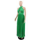 Sexy Halter Low Back Straps Solid Color Chiffon Pleated Dress