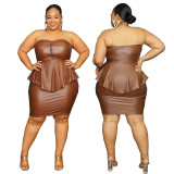 Summer Plus Size Women Sexy Pu Leather Strapless Top and Bodycon Skirt Two-Piece Set