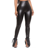Women Fall Stretch Lace-Up Bell Bottom Side Slit Pu Leather Pants