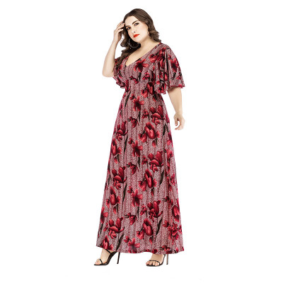 Plus Size Women V-Neck Printed Maxi Dress