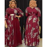 Plus Size Women Chiffon Long Sleeve African Pleated Skirt With Belt