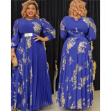 Plus Size Women Chiffon Long Sleeve African Pleated Skirt With Belt