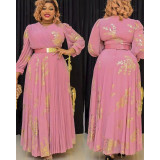 Plus Size Women Chiffon Long Sleeve African Pleated Skirt With Belt
