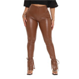 Women Fall Stretch Lace-Up Bell Bottom Side Slit Pu Leather Pants