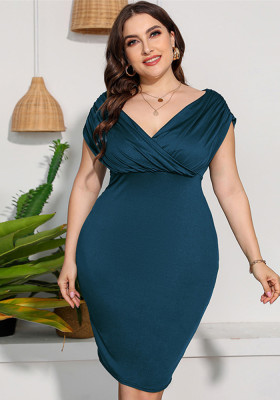 Plus Size Women V-Neck Solid Short Sleeve Dress