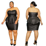 Summer Plus Size Women Sexy Pu Leather Strapless Top and Bodycon Skirt Two-Piece Set