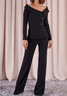 Summer women's suit large v-neck button off-the-shoulder top straight-leg pants two-piece set