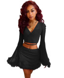 Summer Dress Sexy Women's Clothes Lace Feather Bell Bottom Long Sleeve Skirt Two-Piece Set